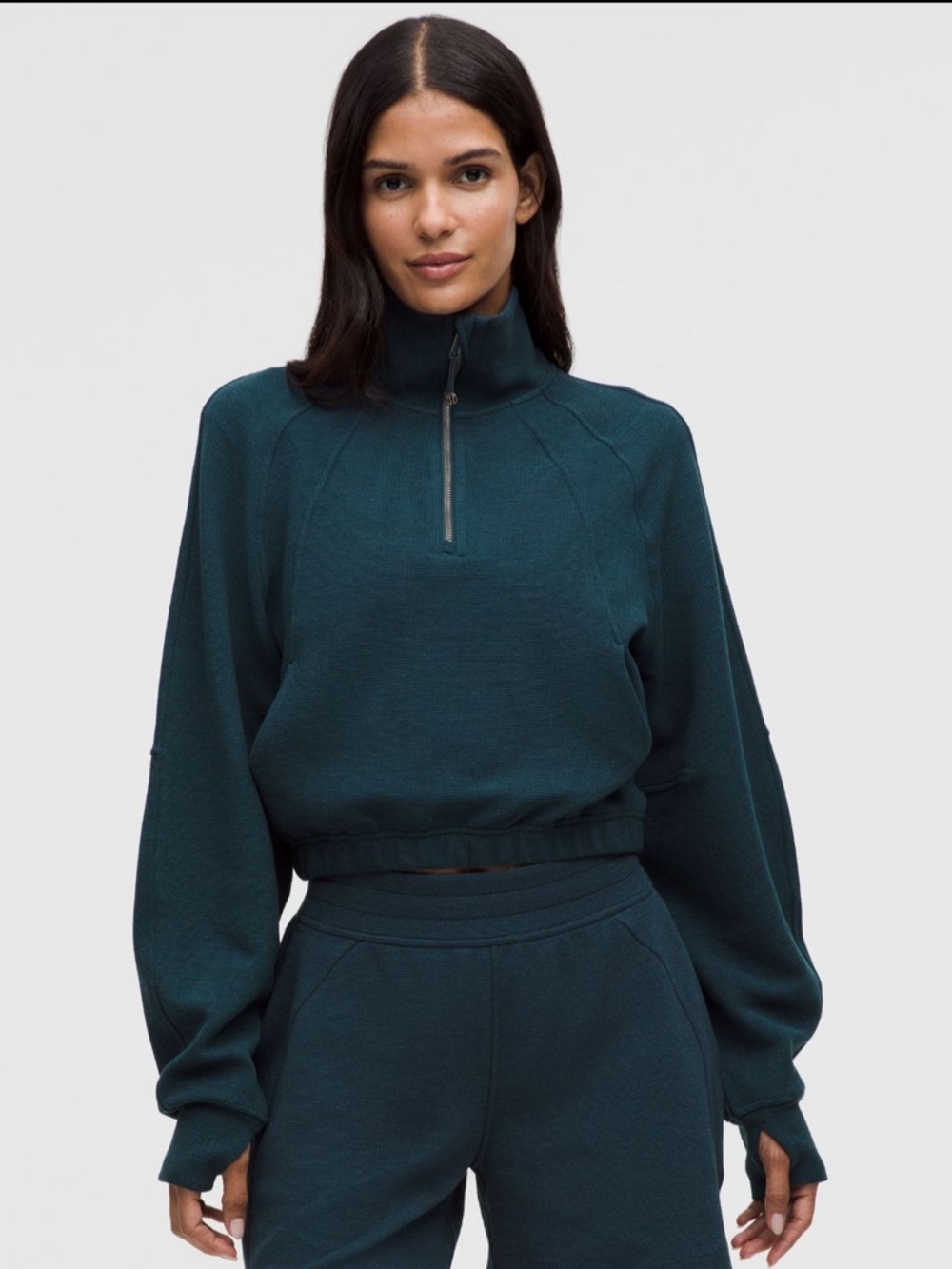 Lululemon NWT indochine blue scuba cropped 1/2 zip waffle funnel neck pullover S